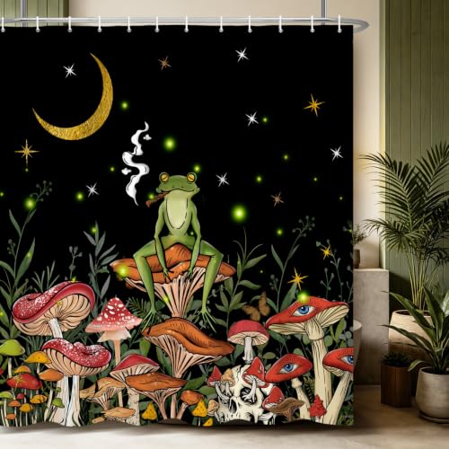 Renaiss 72x84 Inches Funny Frog Mushroom Shower Curtain Boho Moon Stars Rustic Wildflower Nature Botanical Black Fabric Shower Curtains Set for Bathroom Decor Waterproof Polyester with Hooks