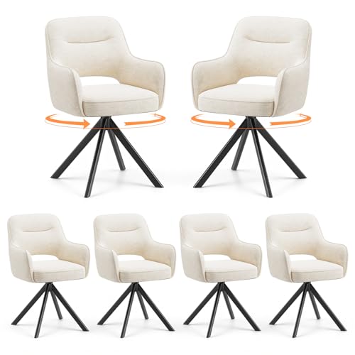 COLAMY 360°Swivel Dining Chairs Set of 6, Fabric Chairs for Dining Room with Armrests, Hollow Backrest and Thick Seat Cushion, Kitchen Chair with Anti-Slip Pads, armchairs for living Room, Beige