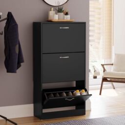 Vida Designs Shoe Cabinet, Wooden Shoe Storage Unit with 3 Pull-Down Drawers, Multifunctional Dust-Proof Space-Saving Slim Cupboard for Hallway or Entryway (Black)