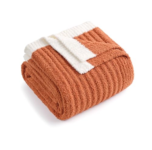 Snuggle Sac Fluffy Fall Bedding Blanket Twin Size, Soft Luxurious Knit Throws, Fuzzy Microfiber Blankets for Couch, Sofa, Bed, Burnt Orange, 60x80 inches