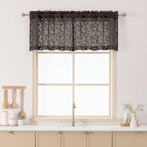 "Chyhomenyc Chocolate Sheer Valances for Windows 18 Inch Length 2 Pcs, Light Filtering Leaf Textured Cafe Short Kitchen Curtains, Top Small Curtain for Living Room Bedroom Basement, 42"" W x 18"" L"
