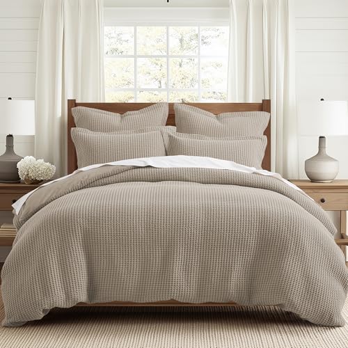Levtex Home Mills Waffle King Duvet Cover Set (106x94in) with 2 Pillow Shams (36x20in) - Beige Fawn - Cotton King Size Duvet Cover Set - Soft, Pre-Washed