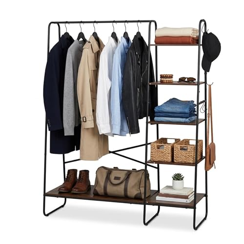 Relaxdays Coat Rack with 6 Shelves and Hooks, 160x120x45cm, Brown/Black