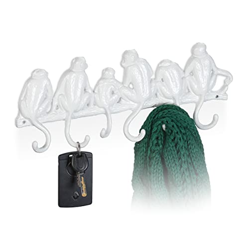Relaxdays Wall-Mounted Coat Rack, Monkey Design, Cast Iron, 6 Hooks, Unusual Look, Key Hanger, 14.5 x 36.5 x 4 cm, White