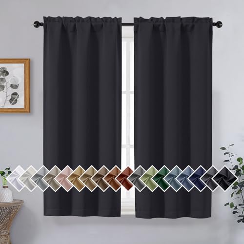 OVZME Black Short Blackout Curtains for Bedroom 45 Inches Long 2 Panels Set, Solid Thermal Insulated Blackout Curtains, Energy Saving Soft Fabric Window Drapes, Dual Rod Pocket, 2x40Wx45L Inches