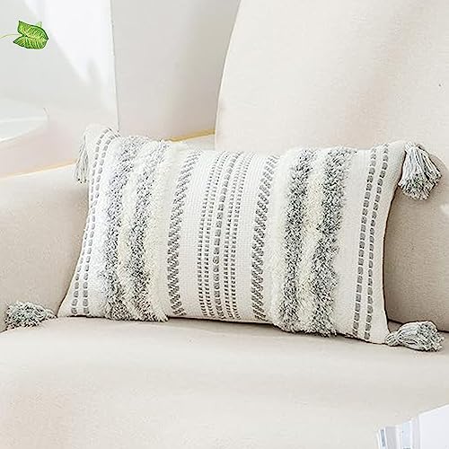 Lumbar Boho Decorative Throw Pillow Cover with Tassels for Bed Farmhouse Neutral Cushion Cover Tufted Woven Pillow Case for Couch Sofa Living Room, 12X20 Inch, Grey