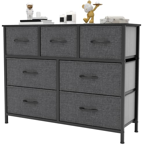 YITAHOME Wide Chest of Drawers with 7 Drawers, Fabric Dressers with Easy Pull Handle,Sturdy Steel Frame,Storage Drawers for Bedroom, Closet,Black Grey