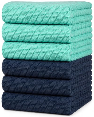 Premium Kitchen Towels (16???x 25???, 6 Pack) - Large Cotton Kitchen Hand Towels - Dish Towels - Diagonal Weave Design - 445 GSM Highly Absorbent Tea Towels Set with Hanging Loop - Aqua & Navy