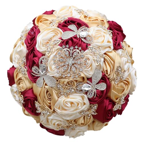 "Mhojpik Handmade Wedding Flowers Bouquet Round Holding Bridal Bouquet Toss Artificial Rose Bunch for Bride Bridesmaid Wedding Quinceanera (Cream, Dark Red & Light Brown, 9.8"")"
