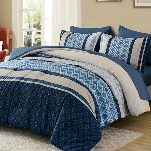 Cottolester Queen Comforter Set 7 Pieces Blue Boho Striped Bed in a Bag,Soft Microfiber Complete Bedding Sets