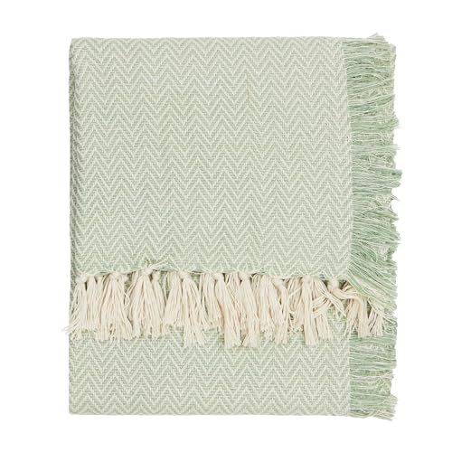 Wylder Wisley Throw – Soft Indoor/Outdoor Herringbone Woven Tassled Blanket (Leaf – 130x180cm)