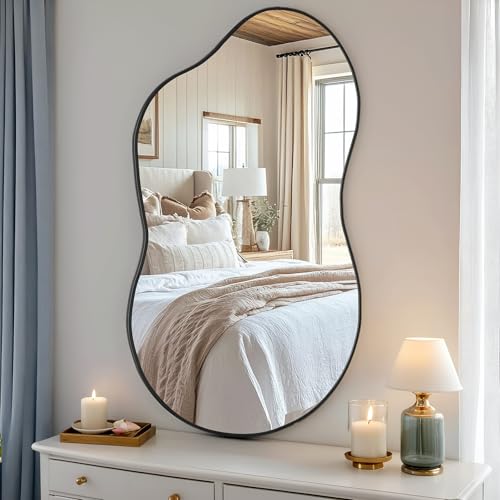 Clevich Wall Mirror, 66x116cm Cloud Wavy Hanging Mirror, Irregular Asymmetrical Bathroom Mirror with 3mm HD Tempered Glass and Aluminum Alloy Frame for Living Room/Bedroom/Entryway/Hallway (Black)