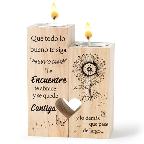 Zainpe Spanish Inspirational Candle Holders Gift for Women Friend Sister Bestie Mum Teacher, Wooden Heart Double Sided Printing Candlestick Personalized Christmas Birthday Graduation Friendship Gifts