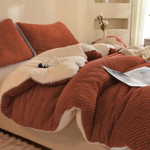 "LLanCL 3D Jacquard Design Comforter Set, Ultra-Soft Warm Queen Size Sherpa Fur Plush 3-Pieces Sets Luxury Cozy Bedding with 2 Pillowcases (90""x90"", Burnt Orange)"