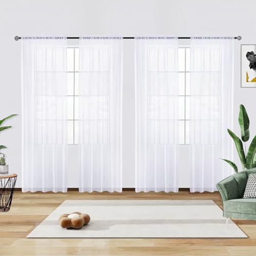 youleyar Solid Sheer Rod Pocket Curtain Voile Draperies 4 Panels White Beige Black Grey Ivory 52 Inch Width 54 Inch Long 1 Pair for Kitchen Bedroom Children Living Room Yard(Optical White,52 W???54 L)
