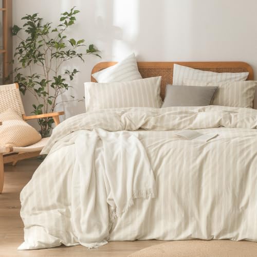 BESTOUCH Cotton Striped Duvet Cover Set Linen Feel Almond Grey/White Queen - 100% Washed Cotton, Soft Wrinkle Texture, Hidden Zipper, 8 Ties, Breathable Lightweight Durable Comfy, 3 Pcs No Insert