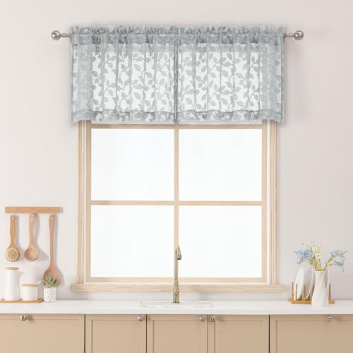 "Chyhomenyc Light Grey Sheer Valances for Windows 18 Inch Length 2 Pcs, Light Filtering Leaf Textured Cafe Short Kitchen Curtains, Top Small Curtain for Living Room Bedroom Basement, 42"" W x 18"" L"