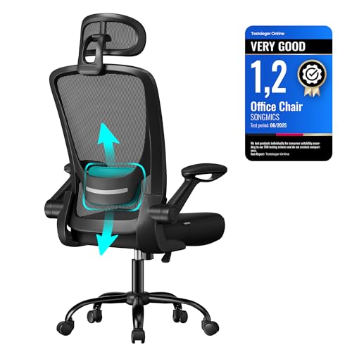 SONGMICS Office Mesh Chair, Ergonomic Swivel Chair, Lumbar and Head Support, Wide Seat, Foldable Armrests, Tilt Function, for Office Bedroom, Ink Black OBN047B02
