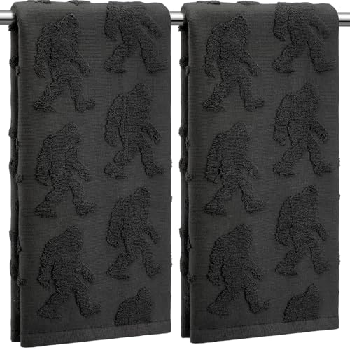 SmoothNovelty 2 Pcs Bigfoot Sasquatch Hand Towels for Bathroom, Carbon Gray 100% Cotton Absorbent Jacquard Weave Decorative Towels for Bathroom Kitchen Decor Gift, 13.7 x 29.5 Inch