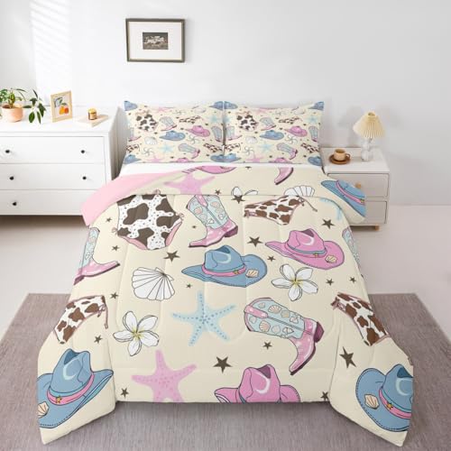 Erosebridal Cute Coastal Cowgirl Twin Bedding Set,Pink Cowgirl Boots Hats Comforter Set for Girls Kids,Blue Seashell Starfish Duvet Insert,Ocean Beach Bedroom Decor with 1 Pillowcase