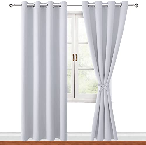 Hiasan Blackout Curtains for Bedroom, 52 x 96 Inches Long - Thermal Insulated & Energy Saving Window Curtains for Living Room, 2 Drape Panels Sewn with Tiebacks, Greyish White