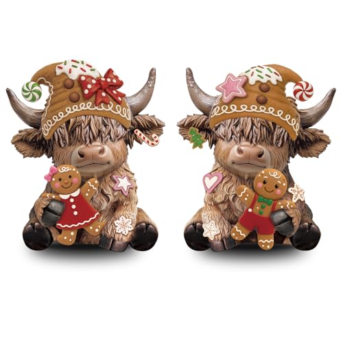 Karenhi 2 Pcs Highland Cow Figurines Christmas Gingerbread Man Highland Cow Gnomes Scottish Resin Statue Calf Lovers Gifts for Xmas Home Garden Kitchen Office Tiered Tray Table Decor