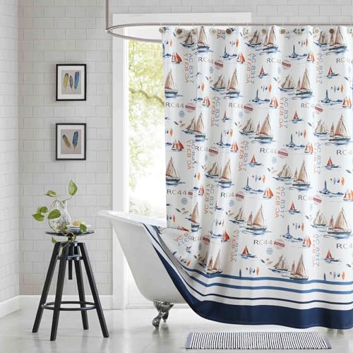 "BESTRIPES Fabric Shower Curtain, Navy Blue Nautical Sailboat Shower Curtains for Bathroom, 72"" W x 72"" H"