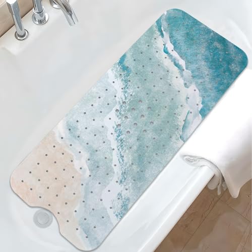 Beach Bathtub Mat Non Slip, Baby Bath Mat for Tub Rubber Tub Mat, Kids Bath Mats for Bathroom Ocean Waves Anti Slip Shower Mat with Suction and Drain Holes Machine Washable, 40???X16???