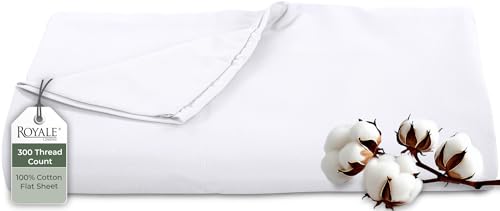 Royale Linens 300 Thread Count 100% Long Staple Combed Cotton Flat Sheet - Super Soft - Top Sheets - Queen Flat Sheet Sold Separately - Breathable, Cool & Crisp Percale Sheets Only (Queen, White)