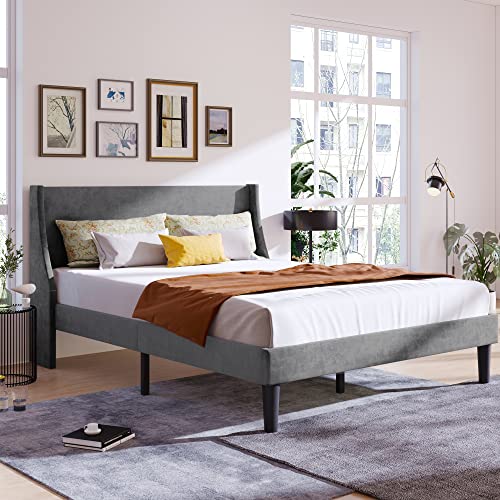 Ball & Cast Double Bed Frame, 4FT6 Upholstered Velvet Bed with Winged Headboard, Wood Slat Support, Velvet Grey, L197*W142*H96cm ﻿