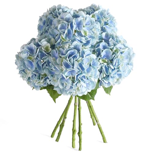 Kisflower 6PCS 22 inch Hydrangea Artificial Flowers Real Touch Pale Blue Faux Hydrangea Flowers with Home Office Decor or Wedding Arrange Holiday and Birthday Party Decorations(Pale Blue)