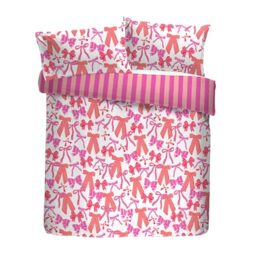 Bedlam Double Duvet Cover Set, 100% Polyester (60% Recycled), 200x200cm, Pink and White, Bow Print with Striped Reverse