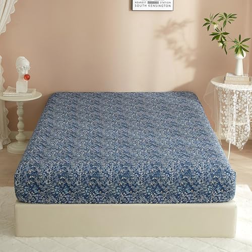 "HighBuy Twin Fitted Sheet Navy Blue Floral - Hotel Quality Extra Soft Deep Pocket Sheet Breathable - Washed Microfiber - Easy Fits 15"" Mattress - Cooling Fitted Sheets for Twin Bed"