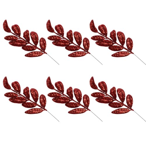 Red Glitter Christmas Tree Picks Sprays, 35cm Artificial Leaf Stems, 6Pcs
