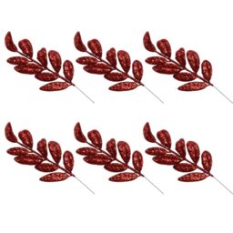 Red Glitter Christmas Tree Picks Sprays, 35cm Artificial Leaf Stems, 6Pcs