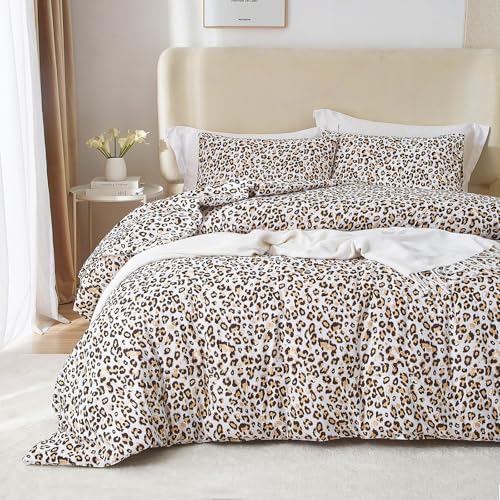 mixinni Black Brown Leopard Print Comforter Set Queen Size Women Ultra Soft Wildlife Animal Cheetah Print Comforter Men Abstract Bedding Set with 2 Pillowcases for All Seasons-Queen Size