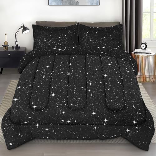 Pamnest Comforter Set Queen Size, Space Starry White Soft Bedding Set for Kids and Adults, Star Sky Black Comforter Set with 2 Pillowcases, for Bedroom Bed Decor