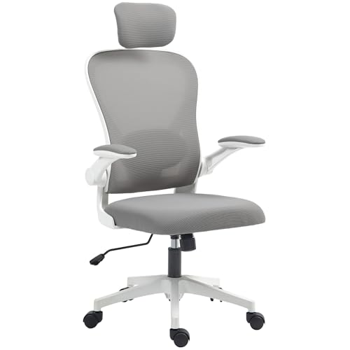 HOMCOM Executive Office Chair, Ergonomic Mesh High Back Desk Chair with Flip-up Armrest, Rotatable Headrest, Adjustable Lumbar Support for Home Study, Grey