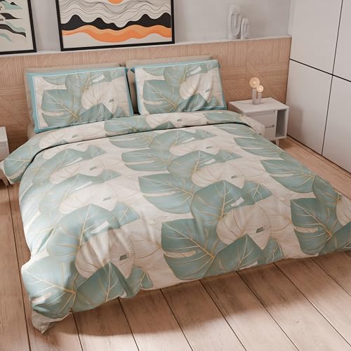PETTI Artigiani Italiani - Maxi Double Duvet Cover Set 260 x 220 cm (2 Pillowcases 75 x 50 cm Included), Microfibre Duvet Cover Set with Digital Print Tropical Light Blue O - Made in Italy