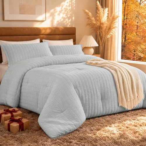 "Quataly Twin Comforter Set Seersucker Lightweight Bed Set for All Season,1 Elegant Light Grey Comforter (68""x90"") and 1 Soft Pillowcase (20""x30"")"