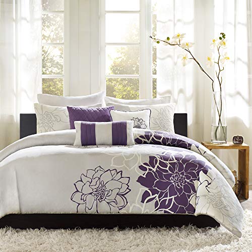"Madison Park Lola 100% Cotton Duvet Set Beautiful Floral Pattern, Ruffle Border Design All Season, Breathable Comforter Cover Bedding, Matching Shams, Full/Queen(90""x90""), Purple/Grey 6 Piece"
