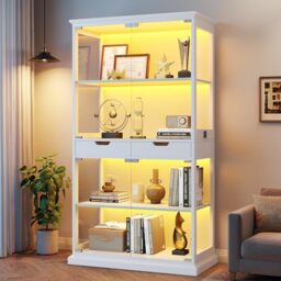 Jocoevol Display Cabinet with Glass Doors, 174cm Tall Curio Cabinet, 4-Tier Glass Display Cabinets with RGB Lights & APP, Sensor, 2 Drawers, Display Case for Living Room, White