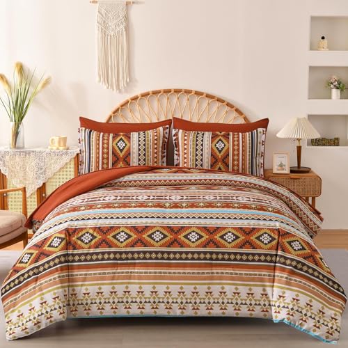 Dinjoy California King Comforter Set Size, Burnt Orange Striped Cali King Bed Set Fall Bedding Sets Terracotta 7 Pieces Boho Bed in a Bag Comforters with Sheets Aztec for Women