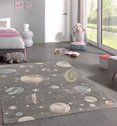 Mia's Rugs Marie Easy-Care Rug for Children's Room with Planets and Stars, Grey, 140 x 200 cm