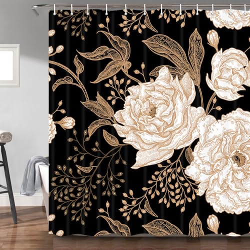 Torich Black Gold Floral Shower Curtain, Boho Dark Roses Leaves Botanical Aesthetic Flower Shower Curtain for Bathroom with Hook, Vintage Rose Gold Unique ChicShower Curtain Set with Hooks 69X72in