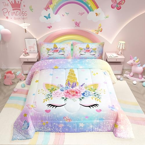 Erosebridal Girls Unicorn Twin Comforter Set for Kids Floral Unicorns Bedding Sets Cute Cartoon Animal Bedding Comforter Sets Blue Purple Gradient Down Comforter Rainbow Starry Sky Duvet Insert