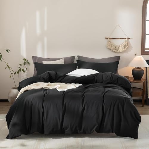 Warm Moment Black Duvet Cover King Size 100% Washed Cotton Bedding Set Cover 1 Duvet Cover with Zipper Closure and 2 Pillowcases, 104inch x 90inch