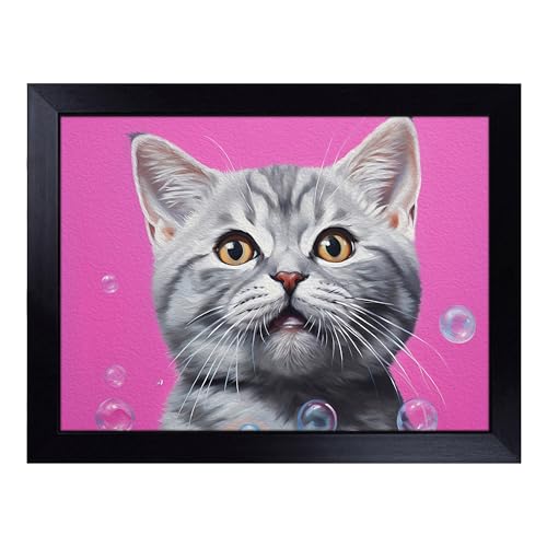 Lap Tray with Bean Bag Cushion, British Shorthair Cat Bubble Gum Painting - Handmade in the UK, Raised Wooden Edge, Padded Cushion, Heat-Resistant Wipe-Clean Surface, for Meals, Laptops and Crafts