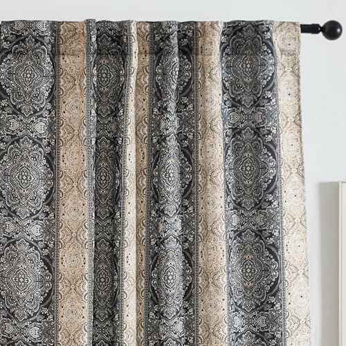 HLC.ME William Boho Damask Striped Patterned Window Back Tab Rod Pocket Print Curtains Bedroom - Light Blocking Darkening Window Panels, Set of 2 (Black, 52 W x 84 L)