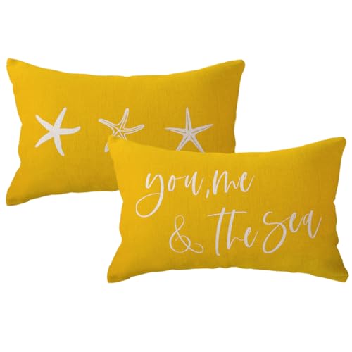 You Me&The Sea Throw Pillow Covers Double-sided Ocean Beach Starfish Cushion Covers 12x 20 Inch 2Pack Nautical&Coastal Decorative Rectangular Pillowcases Summer Beach House Decor (Yellow)